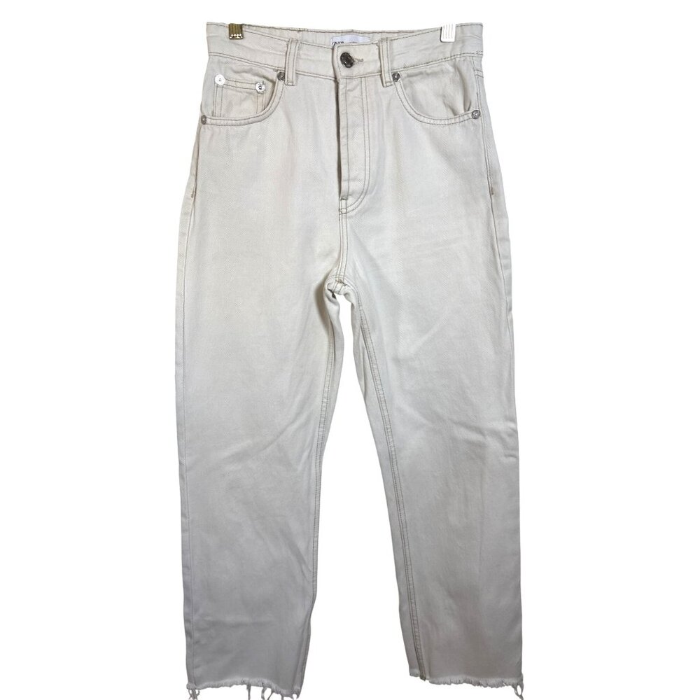 Zara Off White Jeans Size 4 High‎ Waist Straight Leg Button Fly Cotton Raw Hem